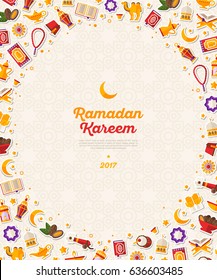 Ramadan Kareem concept vertical banner with flat sticker icons - Quran, Traditional Lanterns, Dates, Iftar food. Vector illustration. Oval frame