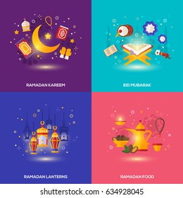 Ramadan Kareem concepts set with flat icons. Vector illustration. Eid Mubarak. Traditional lanterns, Iftar food, religion, Quran.