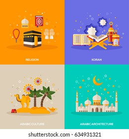 Ramadan Kareem concepts set with flat icons. Vector illustration. Eid Mubarak. Architecture, arabic culture, religion, Quran.