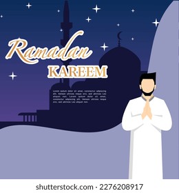 ramadan kareem congratulation concept with male character, ramadan concept illustration set. Happy Muslim people celebrating the Holy Month of Ramadan, Eid greetings. vector illustration