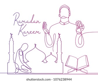Ramadan Kareem Continuous one line art prayer, mosque, and Koran. 