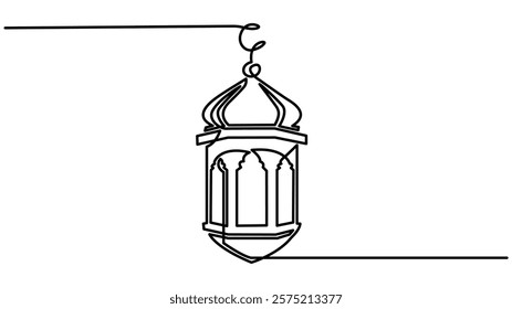 Ramadan Kareem Continuous One Line Drawing, ramadan kareem greeting card. Lantern, islamic decoration, Ramadan symbol continuous one line drawing. Ramadan Kareem and Eid banner