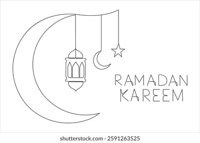  Ramadan Kareem continuous one line art drawing of Eid Mubarak Islamic decoration design outline vector 


