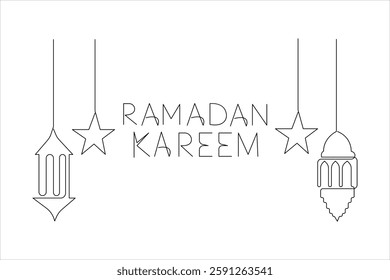  Ramadan Kareem continuous one line art drawing of Eid Mubarak Islamic decoration design outline vector 


