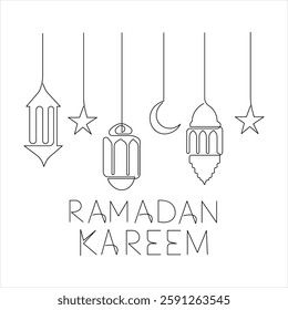  Ramadan Kareem continuous one line art drawing of Eid Mubarak Islamic decoration design outline vector 


