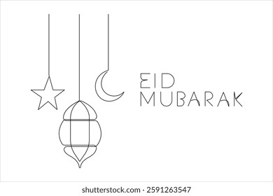 Ramadan Kareem continuous one line art drawing of Eid Mubarak Islamic decoration design outline vector 


