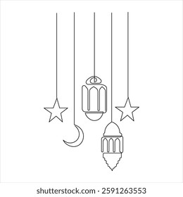  Ramadan Kareem continuous one line art drawing of Eid Mubarak Islamic decoration design outline vector 


