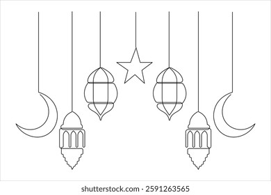 Ramadan Kareem continuous one line art drawing of Eid Mubarak Islamic decoration design outline vector 


