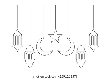  Ramadan Kareem continuous one line art drawing of Eid Mubarak Islamic decoration design outline vector 


