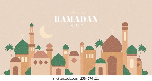 Ramadan Kareem creative banner. Vector illustration with mosque and crescent in pastel colors. Holy month Ramadan. Modern banner for Islamic holiday. Arabic text translation Ramadan Kareem.