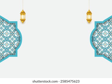 Ramadan Kareem creative border with colorful pattern. Luxury Islamic Eid Mubarak white background. Translation: "Design for the fasting month of Muslims".