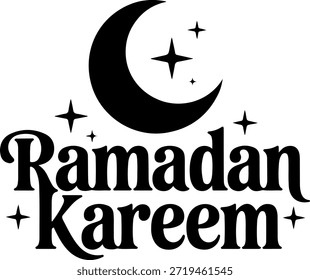Ramadan Kareem kreative Typografie mit Halbmond und funkelnden Sternen im Retro-Stil