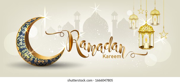 Ramadan Kareem with crescent moon gold luxurious crescent,template islamic ornate  element for greeting card,Vector 3D style