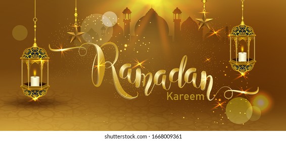 Ramadan Kareem with crescent moon gold luxurious crescent,template islamic ornate  element for greeting card,Vector 3D style