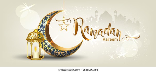 Ramadán Kareem con la luna creciente de oro lujoso aumento de lujo,plantilla de elementos ornamentales islámicos para tarjeta de saludo, estilo vectorial 3D