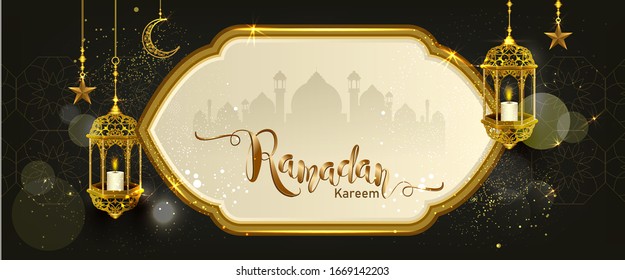 Ramadan Kareem with crescent moon gold luxurious crescent,template islamic ornate  element for greeting card,Vector 3D style