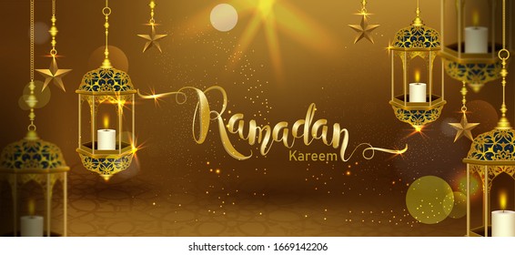 Ramadan Kareem with crescent moon gold luxurious crescent,template islamic ornate  element for greeting card,Vector 3D style