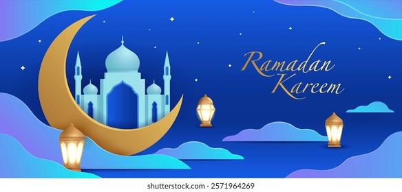 Ramadan Kareem: Crescent Moon with Illuminated Mosque and Lanterns