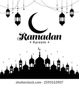 Ramadan Kareem Crescent Moon and Lanterns, Ramadan Kareem Greeting with Crescent Moon, Lanterns, and Mosque Silhouette.
