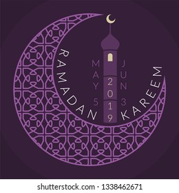 Ramadan kareem crescent moon and mosque dome with arabic pattern and dates of begining and ending
