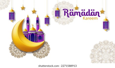 Ramadan kareem. Crescent moon ornament, mosque, lantern and floral mandala isolated on white background. Ramadan Kareem greeting card. Islamic celebration background. vector illustration