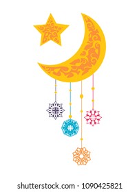 Ramadan Kareem crescent moon and star, internationally-recognized symbol of Islam decorated by ornamental trinket vector muslim pattern in eastern style