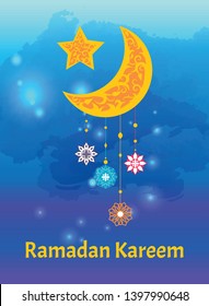 Ramadan Kareem crescent moon and star, internationally-recognized symbol of Islam decorated by ornamental trinket vector poster, religious symbols