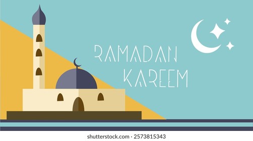 Ramadan Kareem with , a crescent moon, stars, and mosque vector illustration 