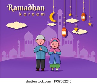 Ramadan Kareem: Cute Islamic Character With Mosque Background