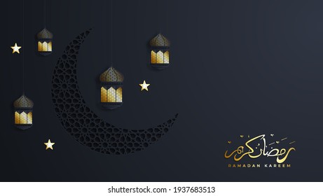 Ramadan Kareem. Dark background with moon crescent, vintage lamps dangling and burning