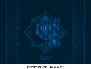 Ramadan Kareem, dark blue background with Oriental ornament, moon and Moroccan lamps, Muslim greeting card.
