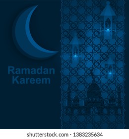 Ramadan Kareem, dark blue background with Oriental ornament, mosque, moon and Moroccan lamps, Muslim greeting card.
