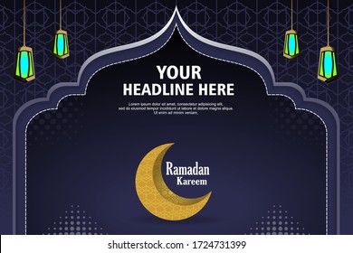 Ramadan kareem dark blue background with a combination of shining gold lanterns, geometric pattern, crescent moon. Islamic backgrounds for posters, banners, greeting cards, web, social media,etc 