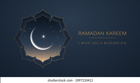 Ramadan Kareem dark blue & gold greeting card vector design - islamic line art illustration with moon and golden text ‘Ramadan Kareem’. Islamic background with islamic illustration