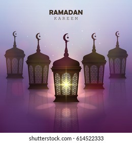 Ramadan Kareem. Dark brown glowing lights on a light purple background. Vector illustration.