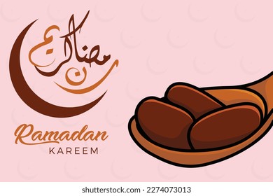 Ramadan Kareem Dates in Spoon with Ramadan calligraphy vector background illustration. Islamic holiday icon concept. Ramadan Kareem vector design. Ramadan Kareem islamic design greetings card.