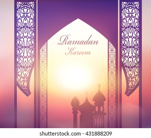 Ramadan Kareem decor traditional patterns arabic background, sunset over the city