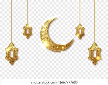 Ramadan Kareem decoration isolated. Gold shiny glitter glowing Crescent Islamic with Traditional Lanterns lamps. Vector frame for party posters, headers, banners