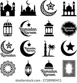 Conjunto de Elementos decorativos de Ramadán Kareem, iconos vectoriales islámicos colección con siluetas de mezquita, linternas, luna creciente, estrellas y palmera para el diseño de saludo de Eid Mubarak.