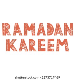 Ramadan Kareem decorative lettering text on white background. Floral doodle lettering
