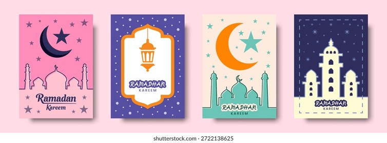 Conjunto de Ilustración vectorial decorativa Ramadan kareem con carteles, volantes, tarjetas y cubiertas de vacaciones