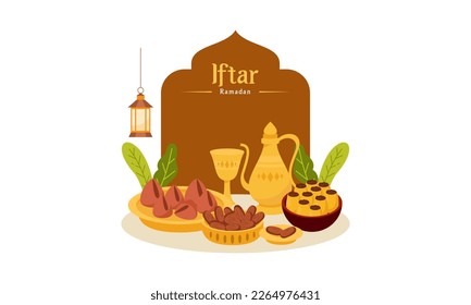 Ramadan Kareem with Delicious Iftar Fasting Food Illustration