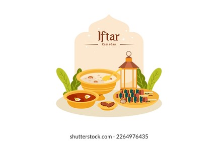 Ramadan Kareem with Delicious Iftar Fasting Food Illustration