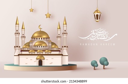 Ramadan Kareem Design with 3D Realistic Mosque Vector Illustration. Suitable for Greeting Card, Invitation, Banner, Poster and Website Landing Page