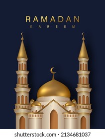 Ramadan Kareem Design with 3D Realistic mosque Vector Illustration