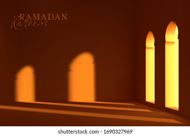 Ramadan Kareem. Design Arabic style empty room wide with windows moonlight sift through window. Realistic 3d vector illustration. Warm rays of morning sunrise, evening sunset. Islamic interior mosque.