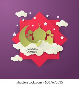 Ramadan kareem design background with lantern, moon, star, mosque paper art. vector illustration
