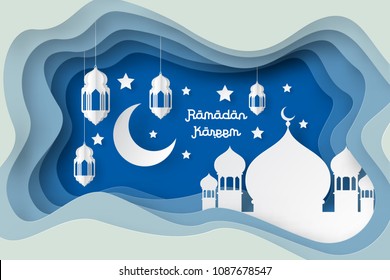 Ramadan kareem design background with lantern, moon, star, mosque paper art. vector illustration