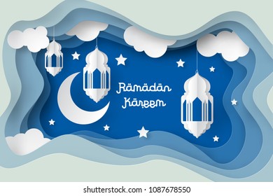 Ramadan kareem design background with lantern, moon, star paper art. vector illustration