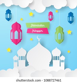 Ramadan Kareem Design Background With Lantern, Moon, Star, Mosque Paper Art. Vector Illustration